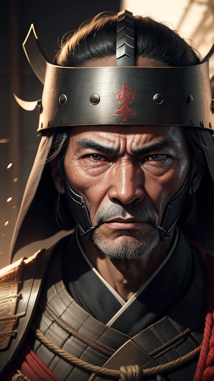Realistic ultra HD close-up portrait,A samurai wearing a war mask, Wrinkles ,Facial expressions show strong emotions , full body