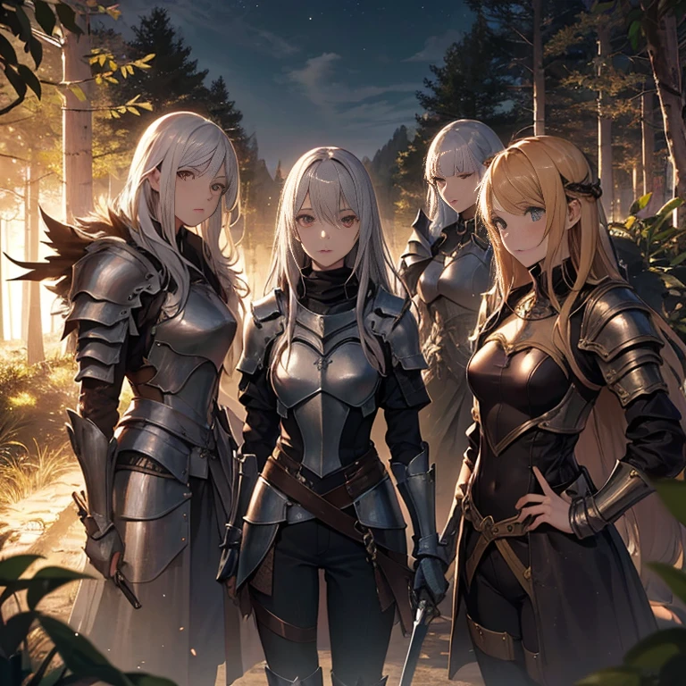 A group of  female knights, (in forest), various hair styles, harem, wearing armored clothes, metal armor, night, details face, trousers, seducing, sword, 