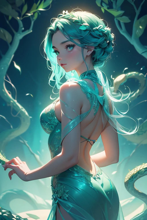 zhongfenghua, ((teal and green color tone:1.3)) 1girl, solo,jellyfish filling up the ocean, millions of jellyfish, a girl swimming ((naked)) in the deep ocean surrounded by jellyfish, ((jellyfish)), deep black ocean,under the sea,(photorealistic:1.4), official art, unity 8k wallpaper, ultra detailed, beautiful and aesthetic, masterpiece,best quality, (dynamic angle:1.4), glowing skin, (floating colorful sparkles:1) the most beautiful form of chaos, elegant, a brutalist designed, vivid colours, romanticism, ultra wide angle,