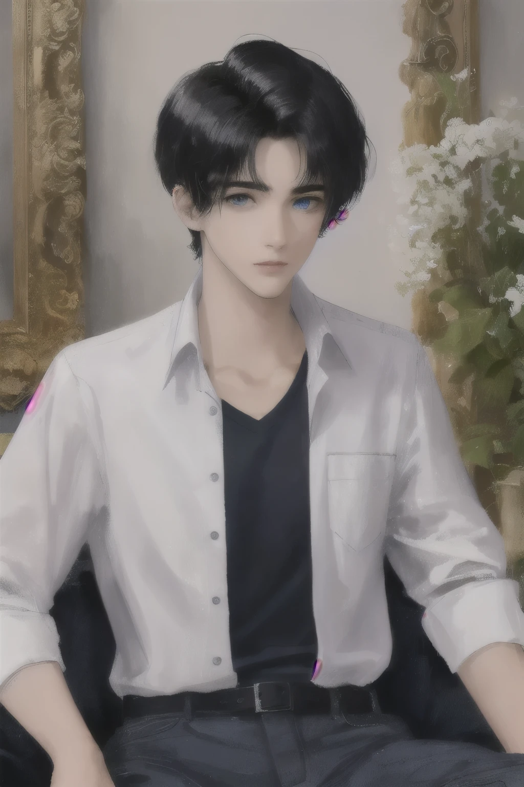 An early 20s man with black straight hair with deep blue eyes