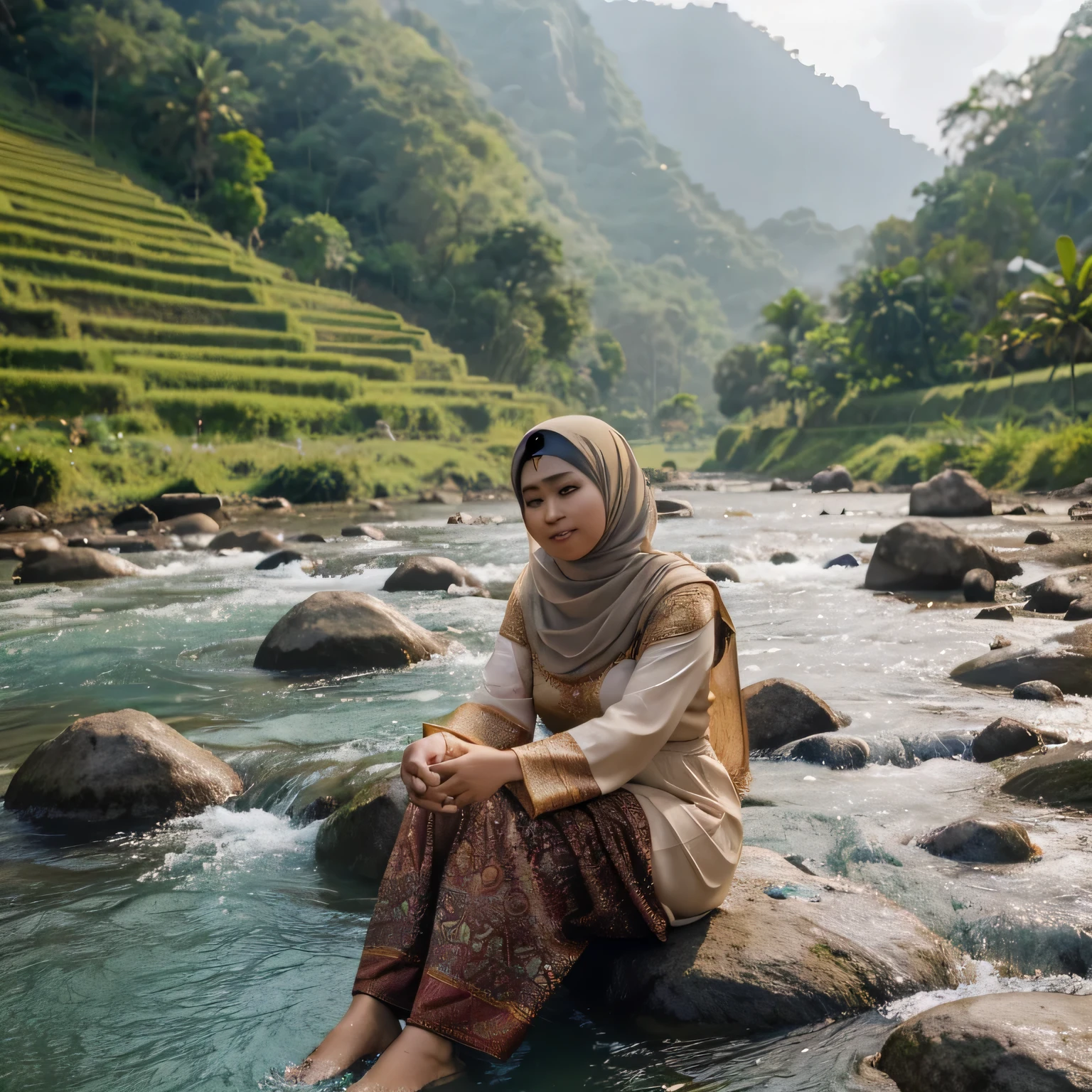 25 year old slightly fat Asian girl wearing a hijab in Indonesian Javanese costume, sitting on a rock in the middle of the river, the water is clear bluish green, next to the hill there is a waterfall and rice fields, bright atmosphere, real, HD render