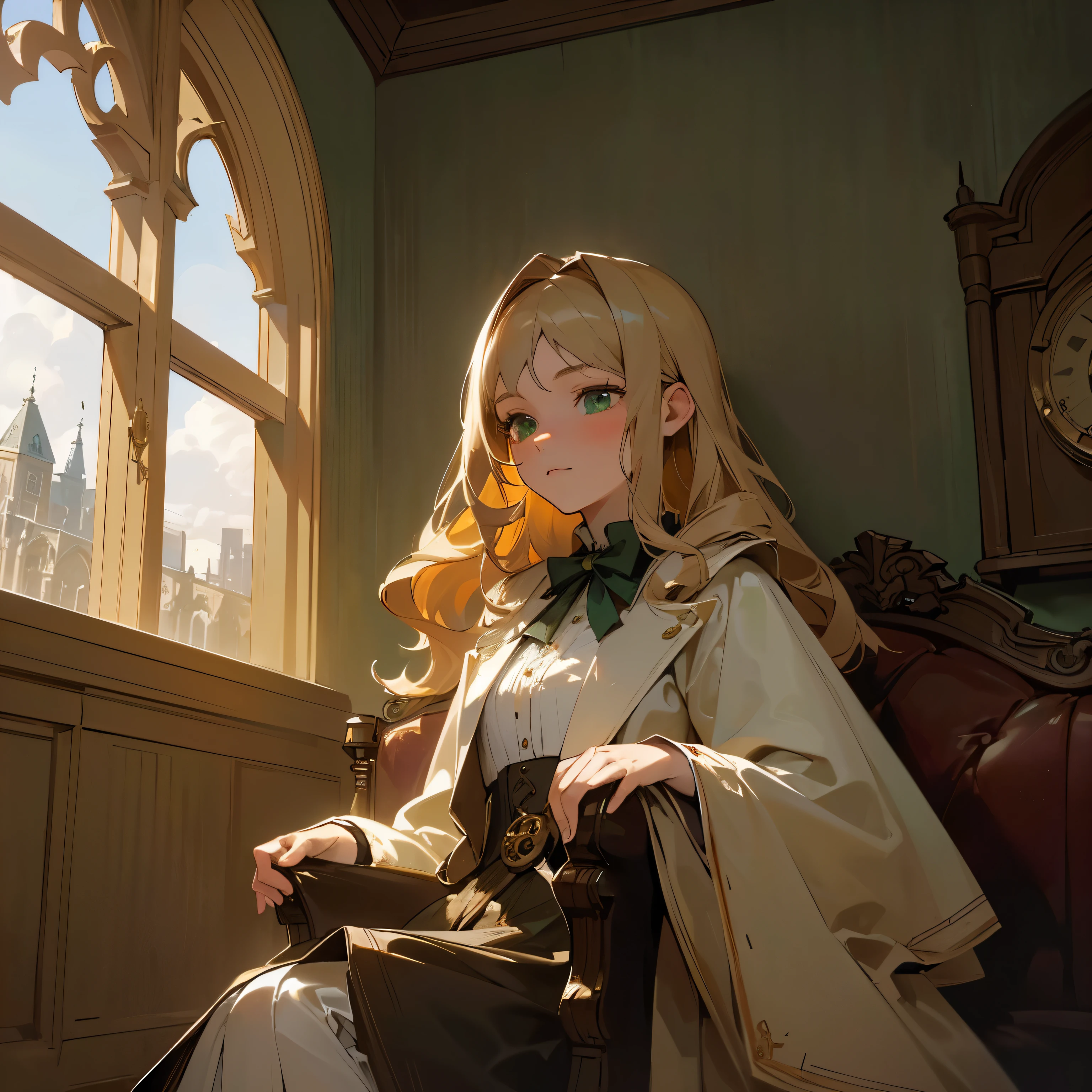 (((Masterpiece, High Quality, Best Quality, High Resolution, Center of Close-up Shot, Realistic, Siesta, One Girl, A 15-year-old noble girl, British, 171 cm tall, medium length blond-sandy hair, beautiful green eyes, Stacked Books, Sofa))),Impermanence,Hermann Hesse,No People in Frame,Eaves,First-Person View,Evening,Low Clouds,Thin Clouds,Sun Setting,Silence,Serenity,Accumulated capital,Wall Clock,Steampunk,Ephemeral,Illusion,Hope for Tomorrow,Better clothing,detailed clothing,perfect clothes