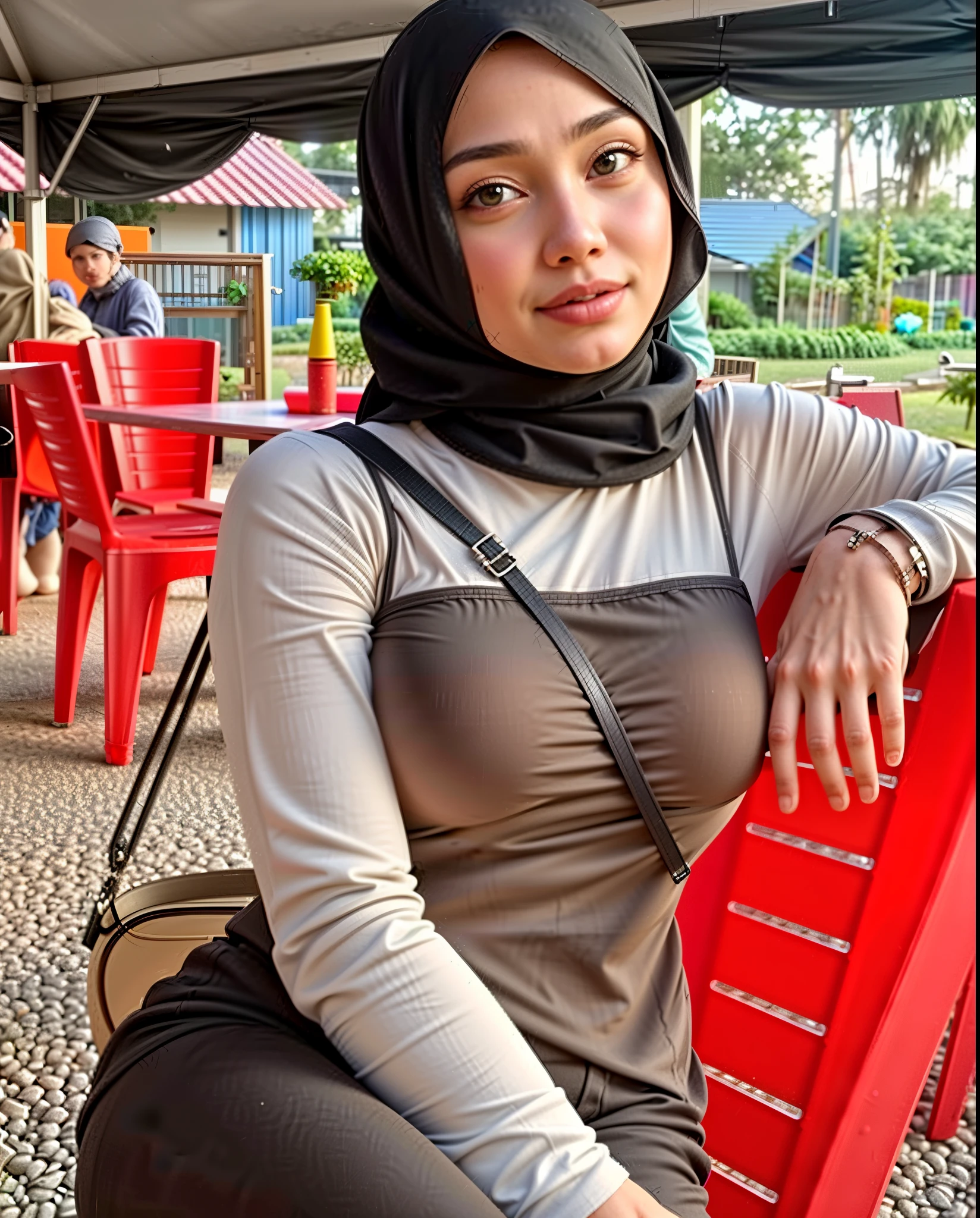 masterpiece, (ultra-high-definition portrait, vignet:1.4), Realistic, extremely detailed, CG unified, 8k, Clean lines, highly detailed, High-definition, raw color photos, Realistic portrait, Cinematic Light, Beautiful detailed, (1hijabgirl, indonesian:1.5), (165cm tall, big breasts with lips like she wants to kiss:1.5), Beautiful big breasts, breasts details, very tight, (Biggorgeous breast, Smile:1.5), (Soft smiling, Big Breast:1.4), Close up of a girl in Beautiful clothes with errected nipple, biggorgeous breast, Smiling, scarf, (Bombastic Side Eyes with curvaceous body:2), pose 4 of 1 6, Undress, No bra, (nipples that are clearly sticking out detail:1.2), Outdoors, high intricate detailed.