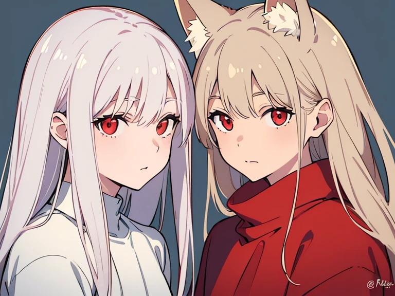 (best quality, highres, ultra-detailed:1.2), realistic, painting, detailed faces, couple, man Fox earl  pale skin, short white hair, red eyes, casual clothing, woman fox earl pale skin, long silver hair, red eyes, casual clothing, fox-like appearance