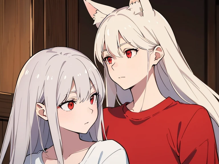 (best quality, highres, ultra-detailed:1.2), realistic, painting, detailed faces, couple, man Fox earl  pale skin, short white hair, red eyes, casual clothing, woman fox earl pale skin, long silver hair, red eyes, casual clothing, fox-like appearance