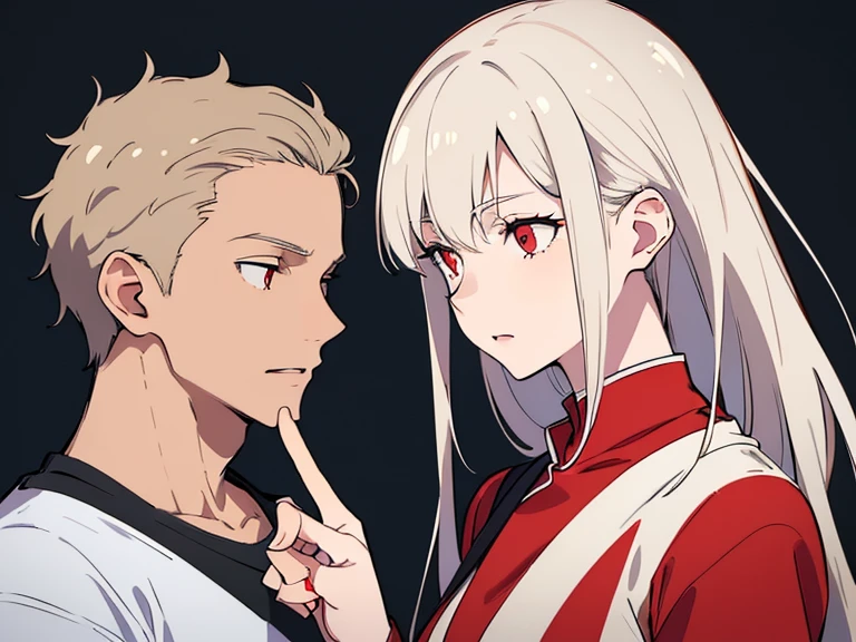 (best quality, highres, ultra-detailed:1.2), realistic, painting, detailed faces, couple, man Fox earl  pale skin, short white hair, red eyes, casual clothing, woman fox earl pale skin, long silver hair, red eyes, casual clothing, fox-like appearance