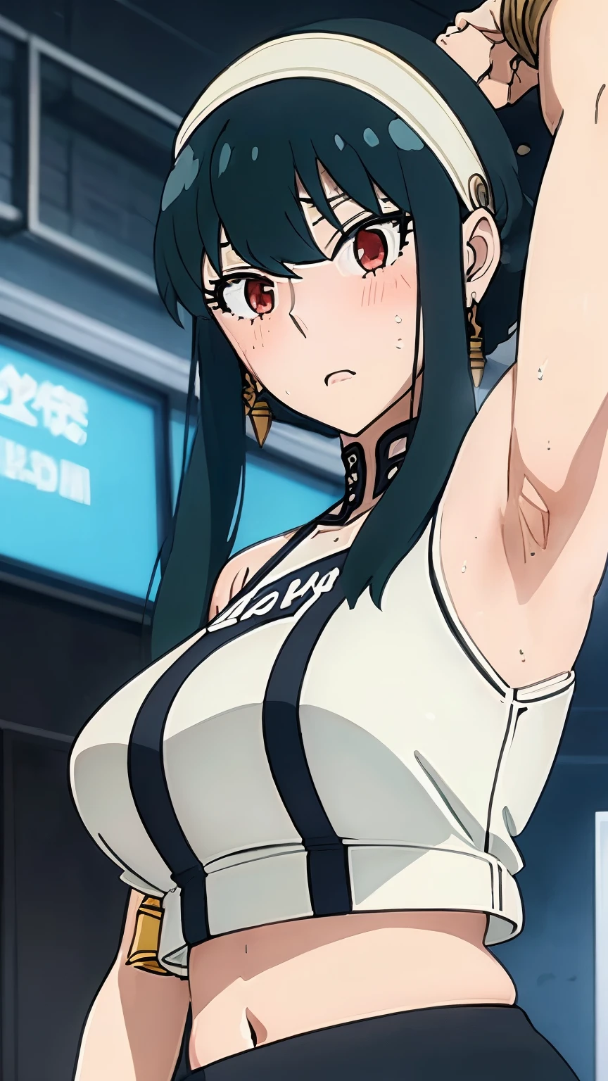 a close up of a person wearing a basketball uniform, a picture, inspired by Kentaro Miura, trending on pixiv, Yor Forger, Spy x Family, wearing yellow nba jersey, yellow croptop nba jersey, wearing a low cut croptop, wearing croptop, croptop, the words "Lakers" written on the croptop, golden raito, (winking), shirobako, large)}], favorite scene, fine details. anime. skins, sweating, big breasts, both hands raised, armpits, armpits visible, dripping with sweat, more more sweat, sweaty armpits