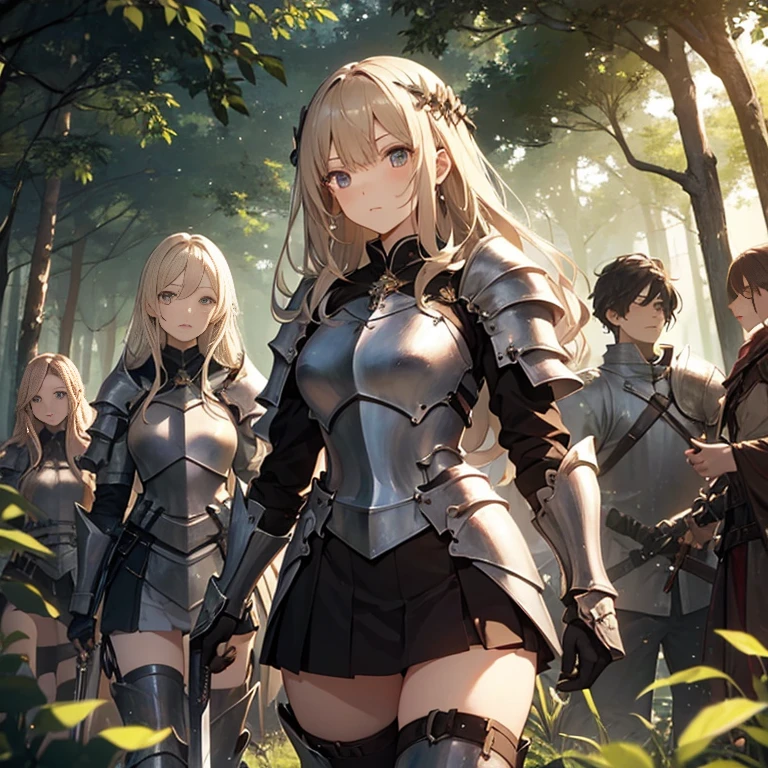 A group of female knight, (in forest), various hair styles, harem, wearing armored clothes, metal armor, night, details face, , short skirt, seducing, sword