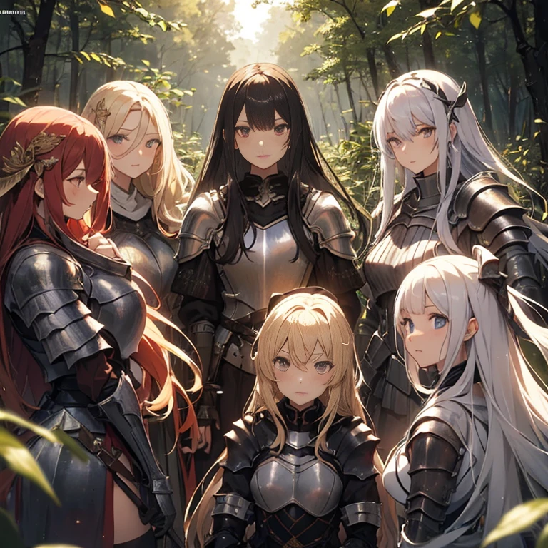 A group of female knight, (in forest), various hair styles, harem, wearing armored clothes, metal armor, night, details face, , short skirt, seducing, sword