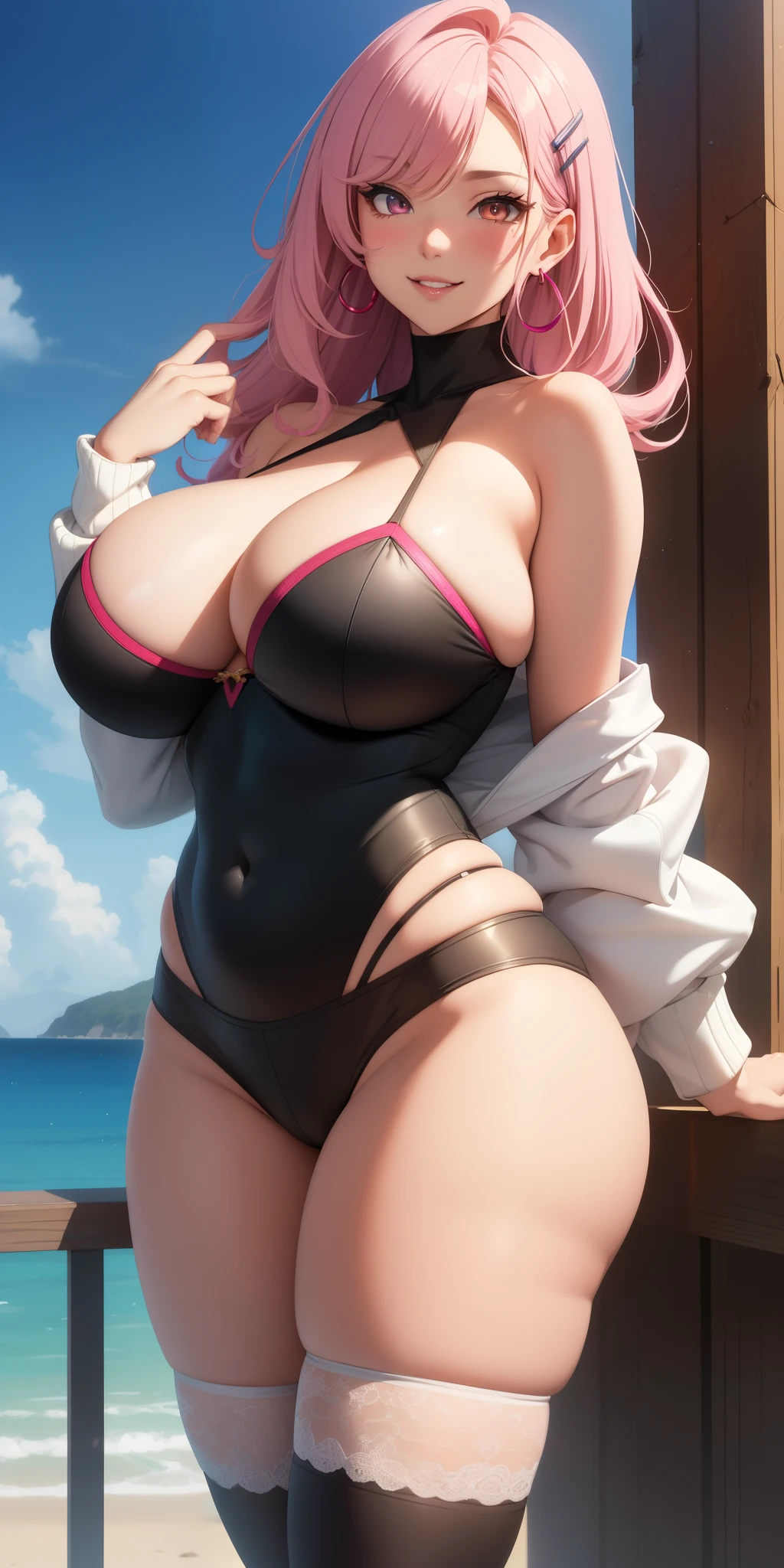 beautiful, breathtaking mature woman, large, hanging breasts, light pink hair and white highlights, pink eyes, earrings, (short shorts, superiority, naughty, thick thighs, off-shoulder sweater, long sleeves, with a sexy neckline: 1.1), (micro shorts: 1.1), black thigh high socks,((masterpiece, best quality; 1.3)), ultra detailed, 8k unity wallpapers, CG, ray tracing, illustration, colorful, cinematic shadow, extremely detailed and beautiful background, vhd, VRay shading, RT)), (slutty face: 1.2), mischievous smile, (large saggy breasts), wide hips, big ass, flirting with the viewer, facing the viewer, facial blush, standing in front, sexy and cute pose, cowboy shot, on home porch, night, bright, bright light, ultra detailed, scenic, atmospheric, bimbo, big lips, detailed face and eyes, tilt of the head, intimacy, medium shot, thigh high, from below, gyaru, hair clip underneath