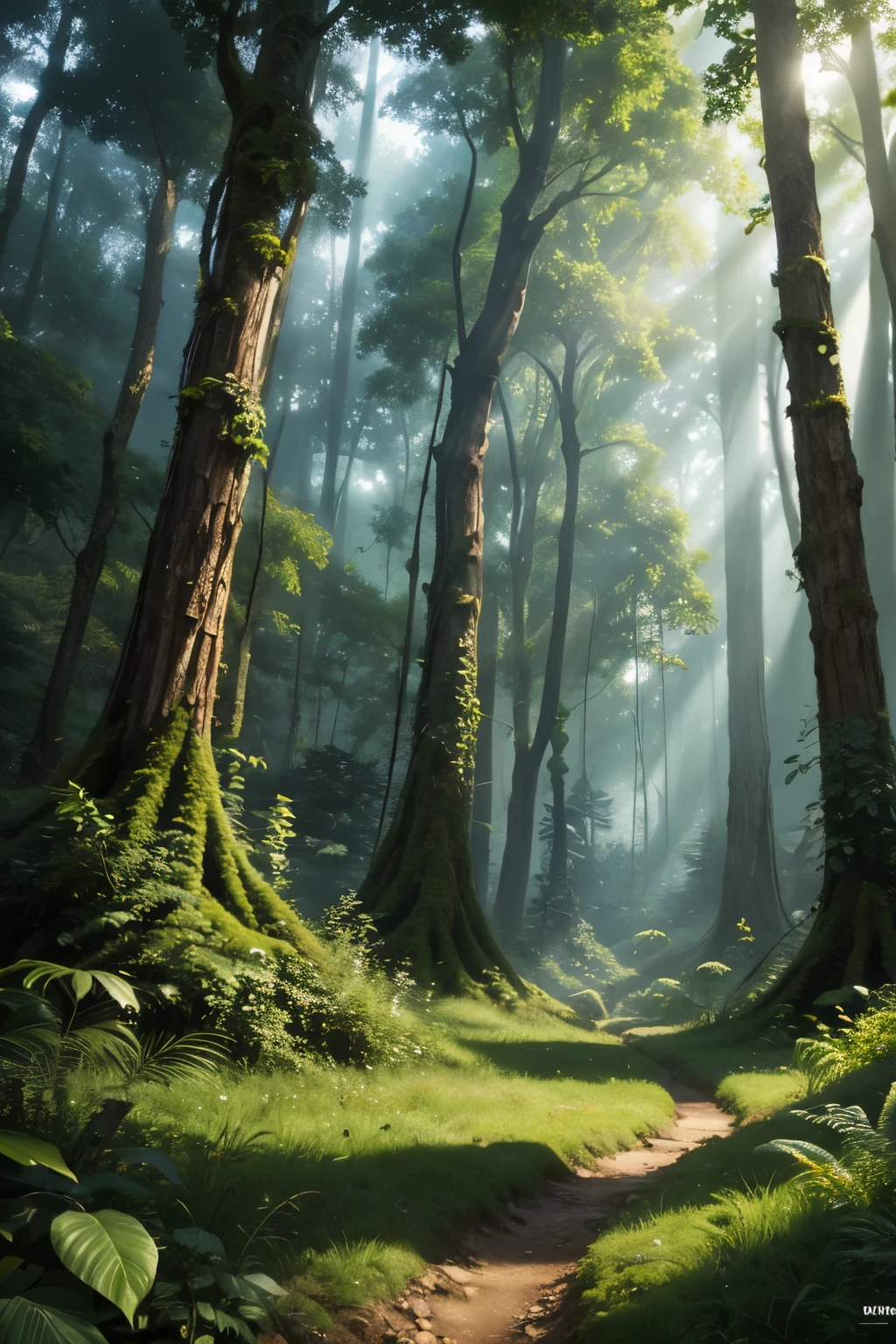 Beautiful hyper-realistic and super-detailed background that shows the vegetation of a virgin, ancient and mysterious forest with exotic, large-leaved plants, 