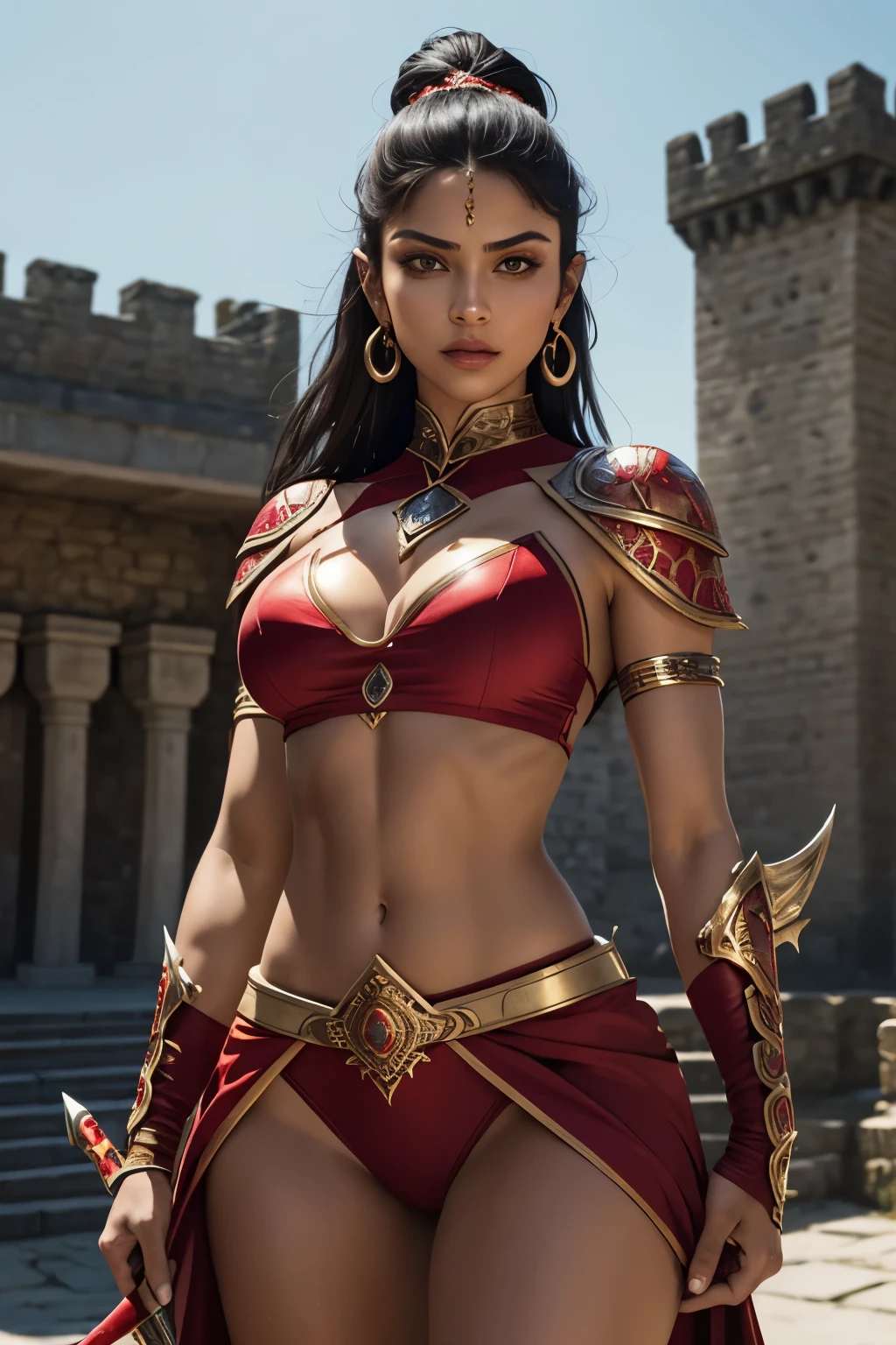 A breathtakingly beautiful woman, clad in a scanty warrior attire, showcases her toned midriff and the distinct navel piercing that adorns her. In her hand, she wields a spear with an intricately designed hilt, standing in front of a grand, highly detailed castle backdrop. The dynamic lighting illuminates her sleek, narrow waist, highlighting the contrast between her red warrior outfit and the surrounding shadows. The sharp focus and smooth textures emphasize every line and curve of her outfit and physique.