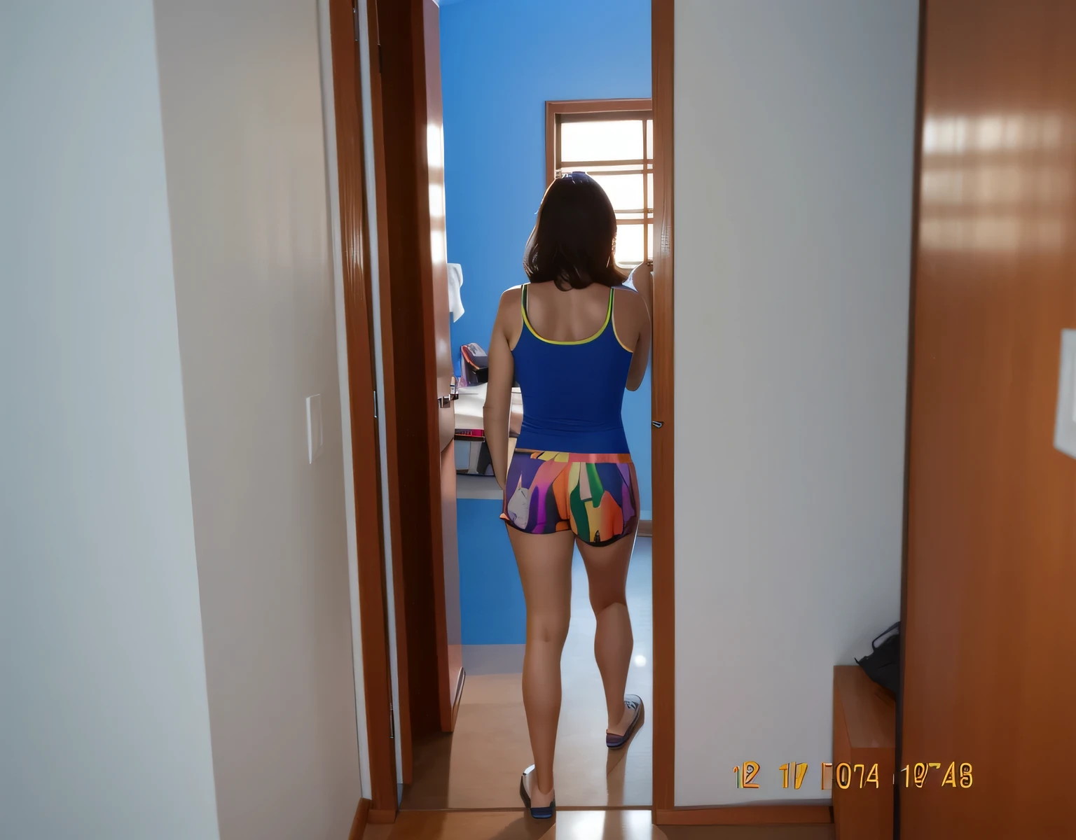 there is a woman standing in a doorway looking at something, wearing a blue tank top, tight, tight, multicolored shorts, rear view, back view, back view, back view!!, back photo, distant full body view, photo on her back, 35-year-old Brazilian mother. Woman 1.65m tall, weighing 54 kilos, in good physical condition, in good shape, wearing: tank top, high quality, high resolution, 8k.