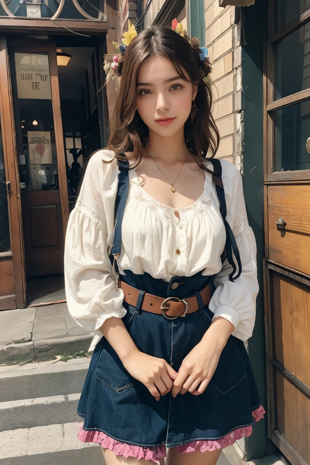 Beautiful woman in cluttered urban vintage bohemian outfit, different actions,