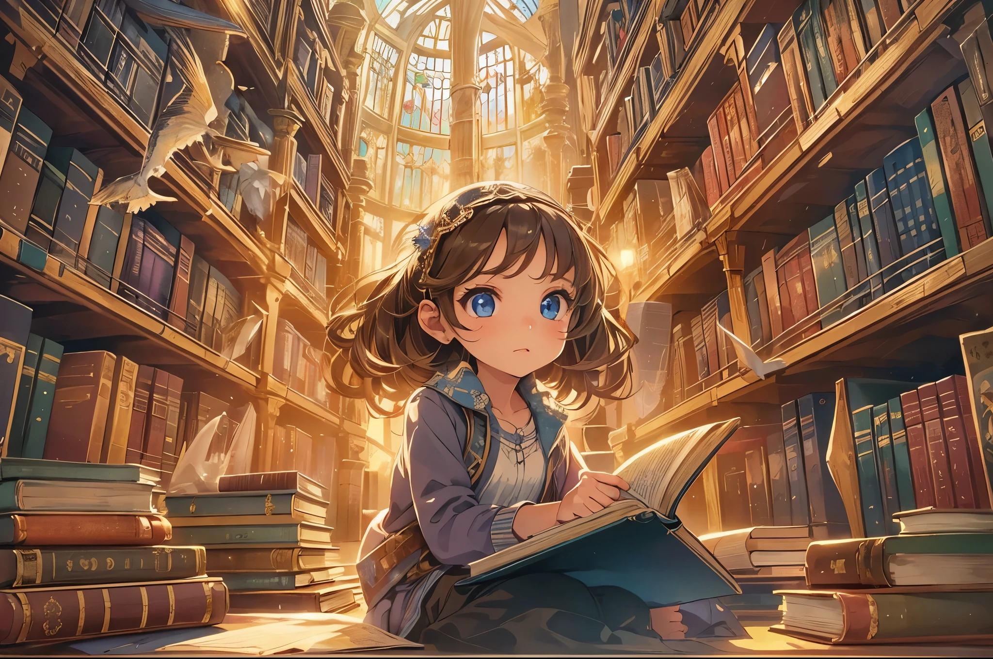 (a girl with beautiful detailed eyes, enchanting vibes, in a giant library filled with shelves of books),(books flying in the air, creating a magical atmosphere),(points of light shining through the windows, adding a touch of mystery and wonder),(best quality, ultra-detailed, realistic),(illustration, vivid colors, sharp focus),(warm color tones, creating a cozy ambience),(soft natural lighting, illuminating the girl and the books)
