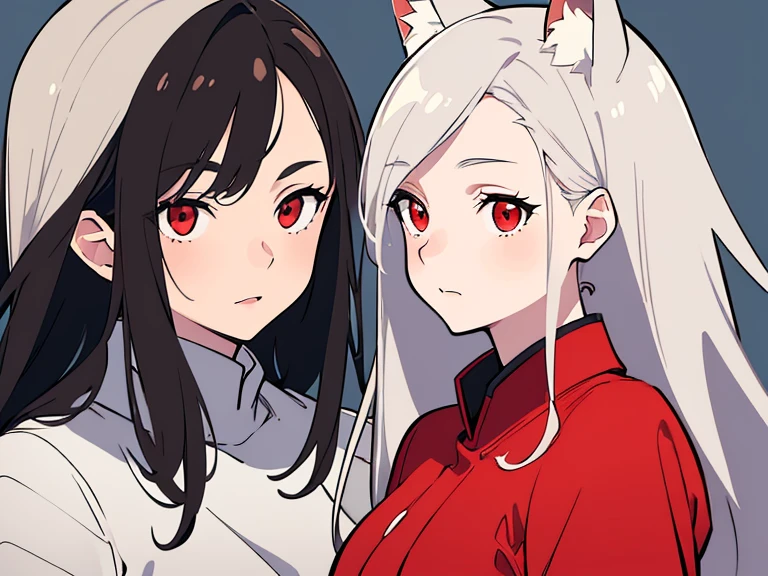 (best quality, highres, ultra-detailed:1.2), realistic, painting, detailed faces, couple, man Fox earl  pale skin, short white hair, red eyes, casual clothing, woman fox earl pale skin, long silver hair, red eyes, casual clothing, fox-like appearance