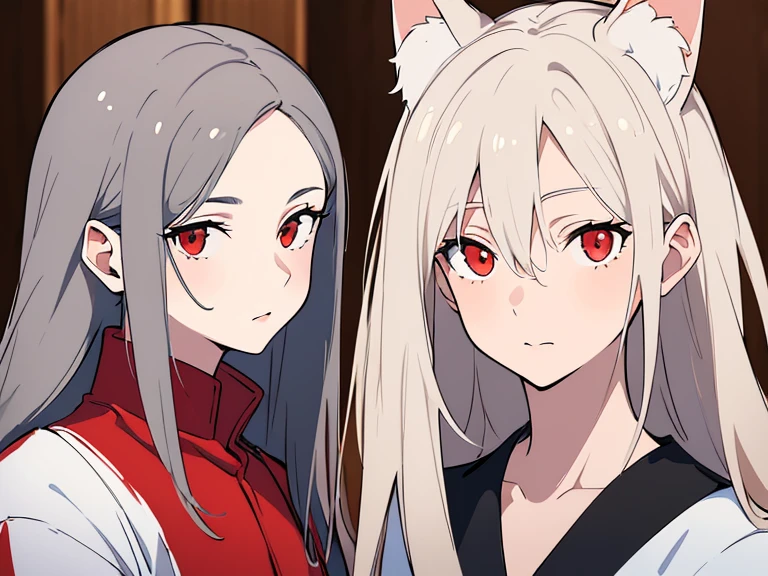 (best quality, highres, ultra-detailed:1.2), realistic, painting, detailed faces, couple, man Fox earl  pale skin, short white hair, red eyes, casual clothing, woman fox earl pale skin, long silver hair, red eyes, casual clothing, fox-like appearance