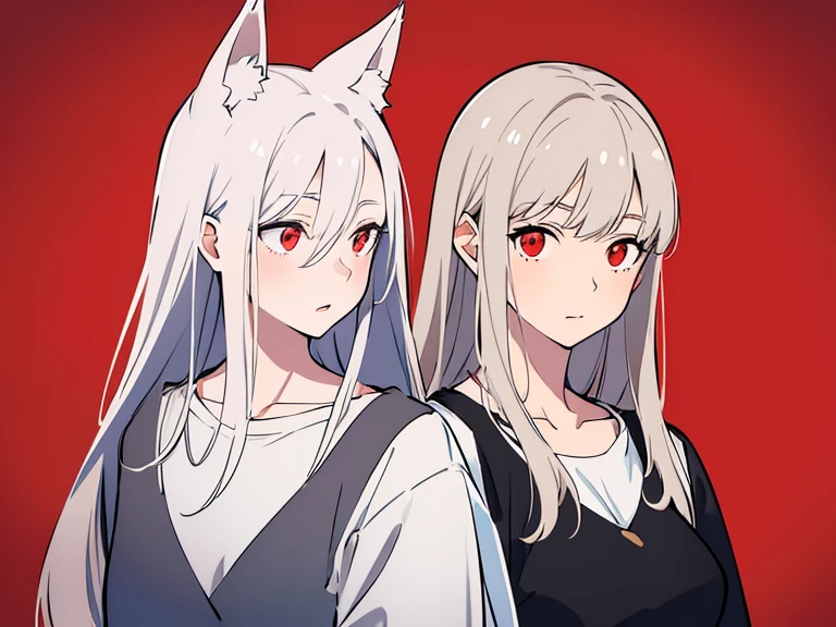 (best quality, highres, ultra-detailed:1.2), realistic, painting, detailed faces, couple, man Fox earl  pale skin, short white hair, red eyes, casual clothing, woman fox earl pale skin, long silver hair, red eyes, casual clothing, fox-like appearance