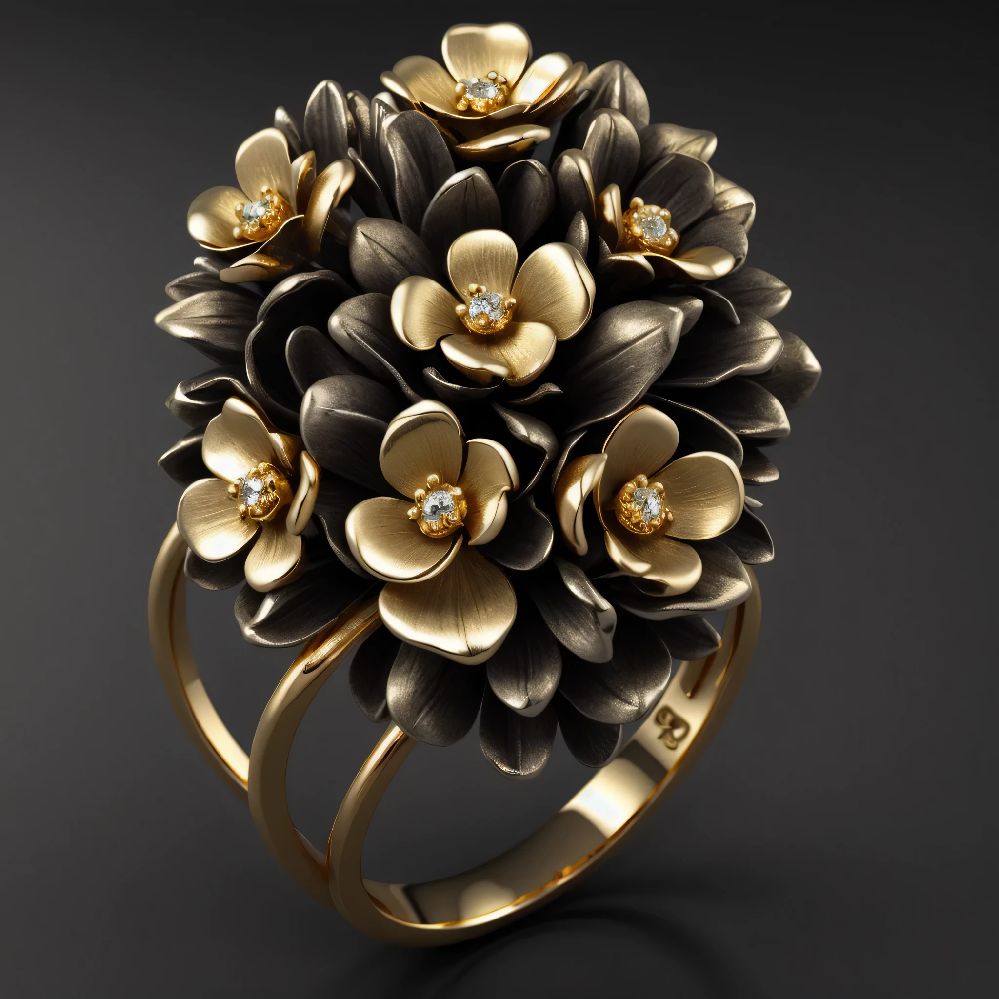 better quality, hyper-realism, render, dark studio,  ring, gold, silver, flowers