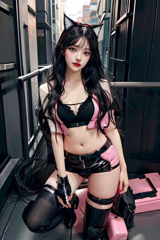 1 girl, Full body up and down, Beautiful black eyes, sexy post, Hot body, Long black hair, Big hips, Pink bra, beautiful red lips, Beautiful Legs, cat ears, Ultra high quality realistic
