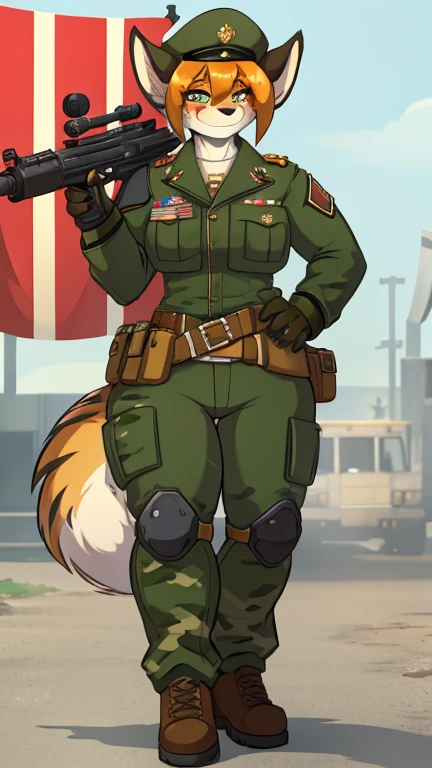 Female Furry Tiger Soldier in Spotted Forest Camo US Military Uniform, Detailed Eyes, Detailed Hands, Detailed Face, Detailed Hair, Holding AK-47, Spotted Forest Camo, Holding Russian Military Uniform Cap in Hand, Alternate Patch with flag on the shoulder., chevron of the Russian military flag on the shoulder., forest background, huge muscled furry, wolf girl in power armor sister of battle, warhammer 40k, aesthetics of the female body, Full-length front view.
