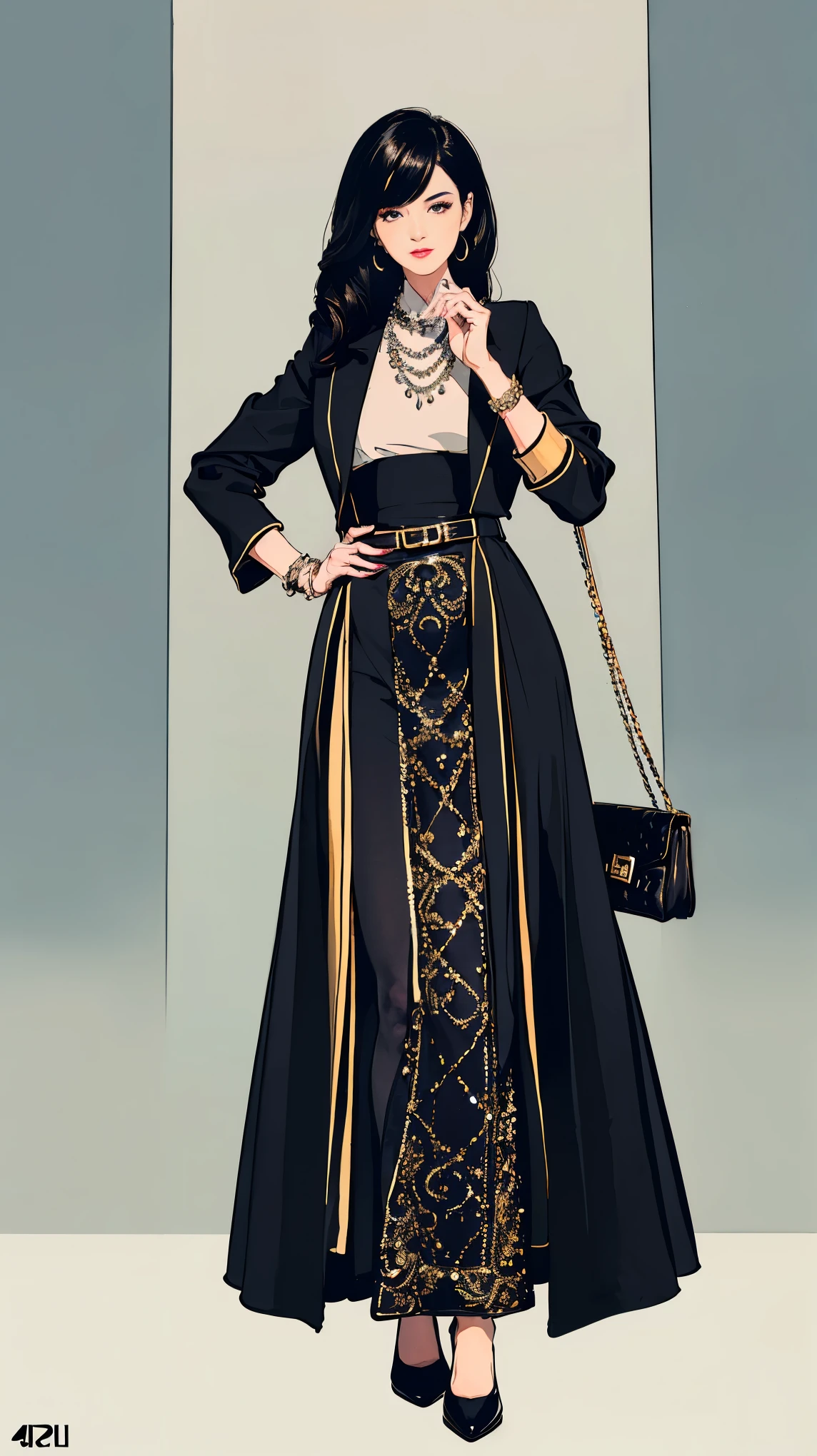 ((best quality,4k,highres,masterpiece:1.2)),((character concept art)), 1 female, 40-year-old Japanese woman, aristocrat, from an ancient and wealthy clan, billionaire, luxury lifestyle enthusiast, ((black shoulder-length hair)), ((intricate detail)), super finely detailed hands, ultra finely detailed fingers(((ten fingers))), wearing a Coco Chanel-inspired ensemble - a little black dress beneath a luxury tweed jacket, two-tone ballet flats, and accessorized with a quilted handbag and pearl necklace. She stands confidently, (full body showcase), (show full body), (no logos on background), (no logo), ((plain background)), ((plain background)), (((empty background))).
