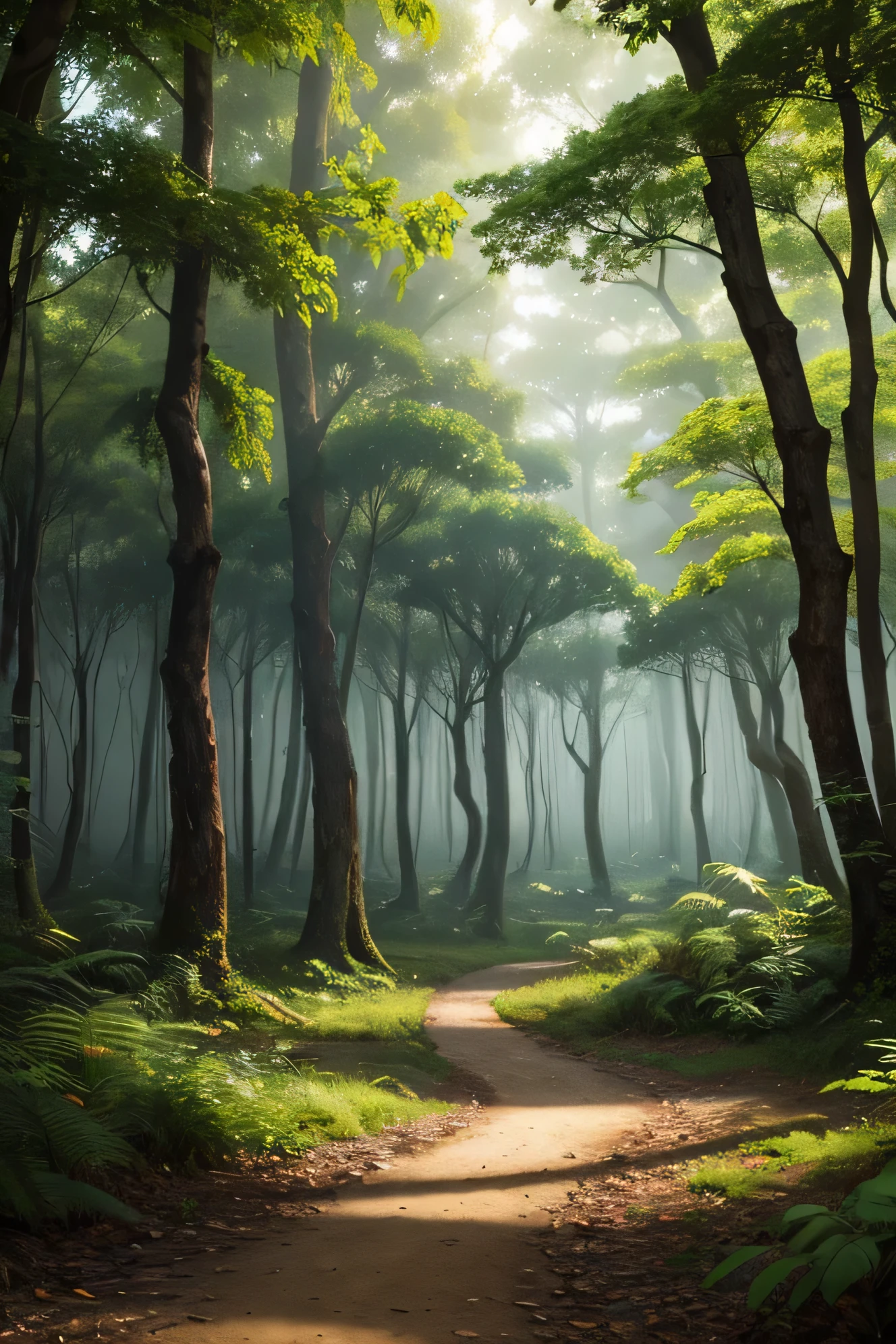 Beautiful hyper-realistic and super-detailed background that shows the vegetation of a virgin, ancient and mysterious forest with exotic, large-leaved plants, 