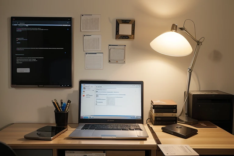 The image depicts a cozy and organized office environment. No centro da cena, there's a laptop open, com luz suave emanando da tela, sugerindo atividade. Around you, there is a stack of carefully organized books, each with a cover that displays titles related to programming and technology.

Programming books are arranged in an organized manner, with titles covering a variety of languages and concepts, from Python and JavaScript to advanced algorithms and data structures.

To the left of the laptop, an additional screen is positioned on an adjustable stand, displaying elegant and colorful lines of code. Do outro lado do laptop, a second screen is attached to the wall, displaying graphs and diagrams related to software development.

The soft ambient light is filtered by semi-transparent curtains, creating a calm atmosphere conducive to creative thinking. The environment is meticulously organized, with pens and papers lined up neatly next to the laptop, suggesting a highly productive and inspiring workspace.