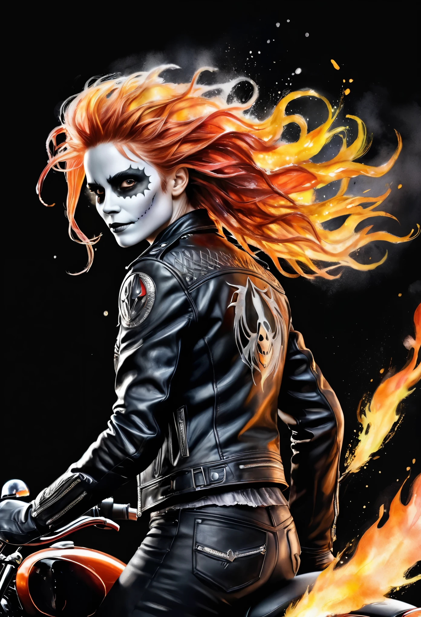 Colorfull watercolor hand drawing, splash design, black background, (best quality, masterpiece:1.2), side view, a ghost ridert with fire hair wearing leather jacket, marvel style, simple lines, looking to camera, in dinamic, (natural skin and textile texture, hyperrealism, soft light, sharp:1.2), (intricate details:1.1), hdr, bokeh