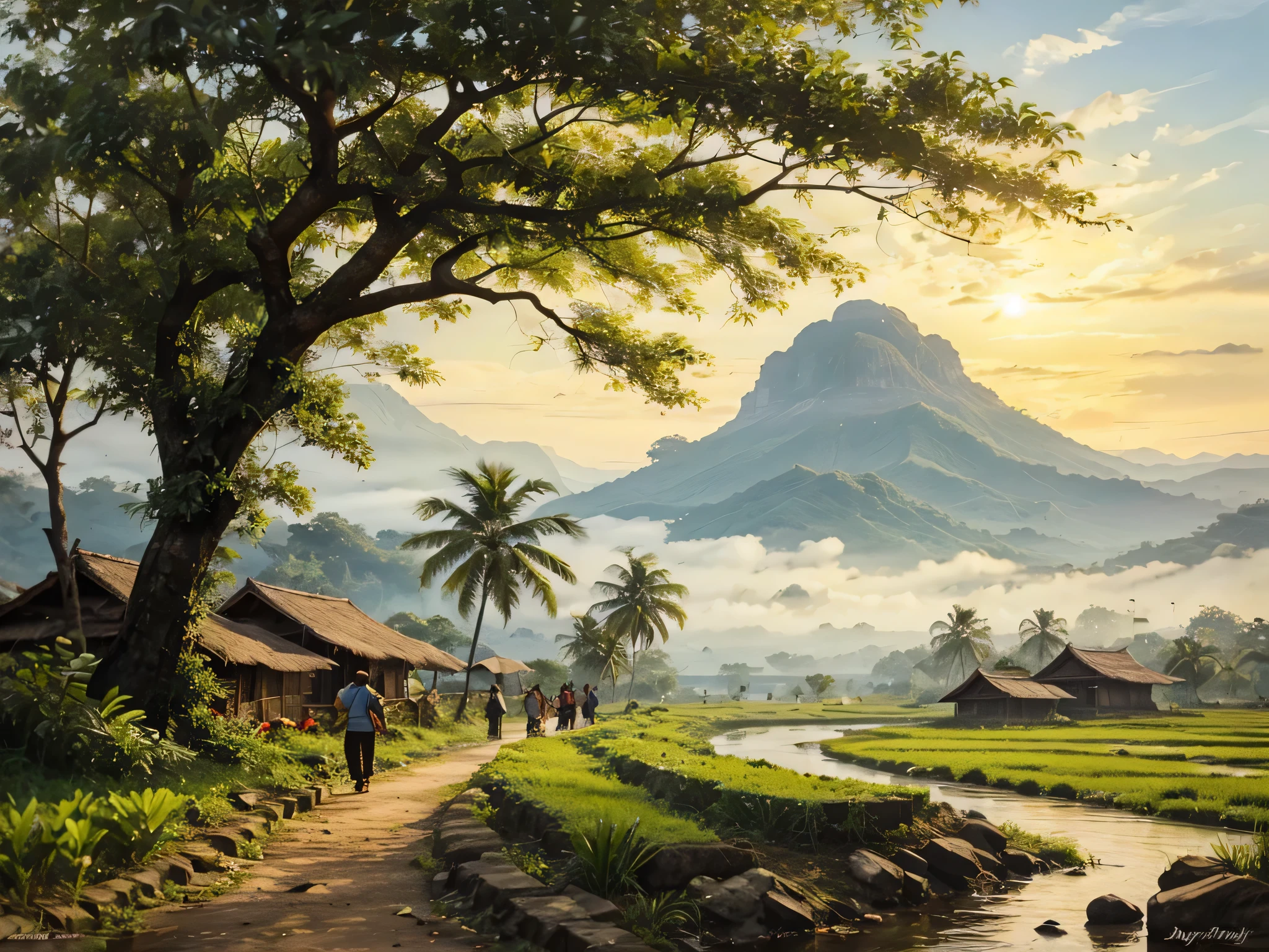 Pemandangan di Jawa barat tahun 1800, rumah kayu sederhana di tepi sungai yang deras berbatu yang air nya biru. banyak rumpun bambu besar, pohon-pohon tropis besar dan lebat, foliage yang rimbun, bark, ada pohon yang mati, ada daun yang menguning. latar belakang gunung berapi berkabut, cahaya matahari yang dramatis, muted pallete color.