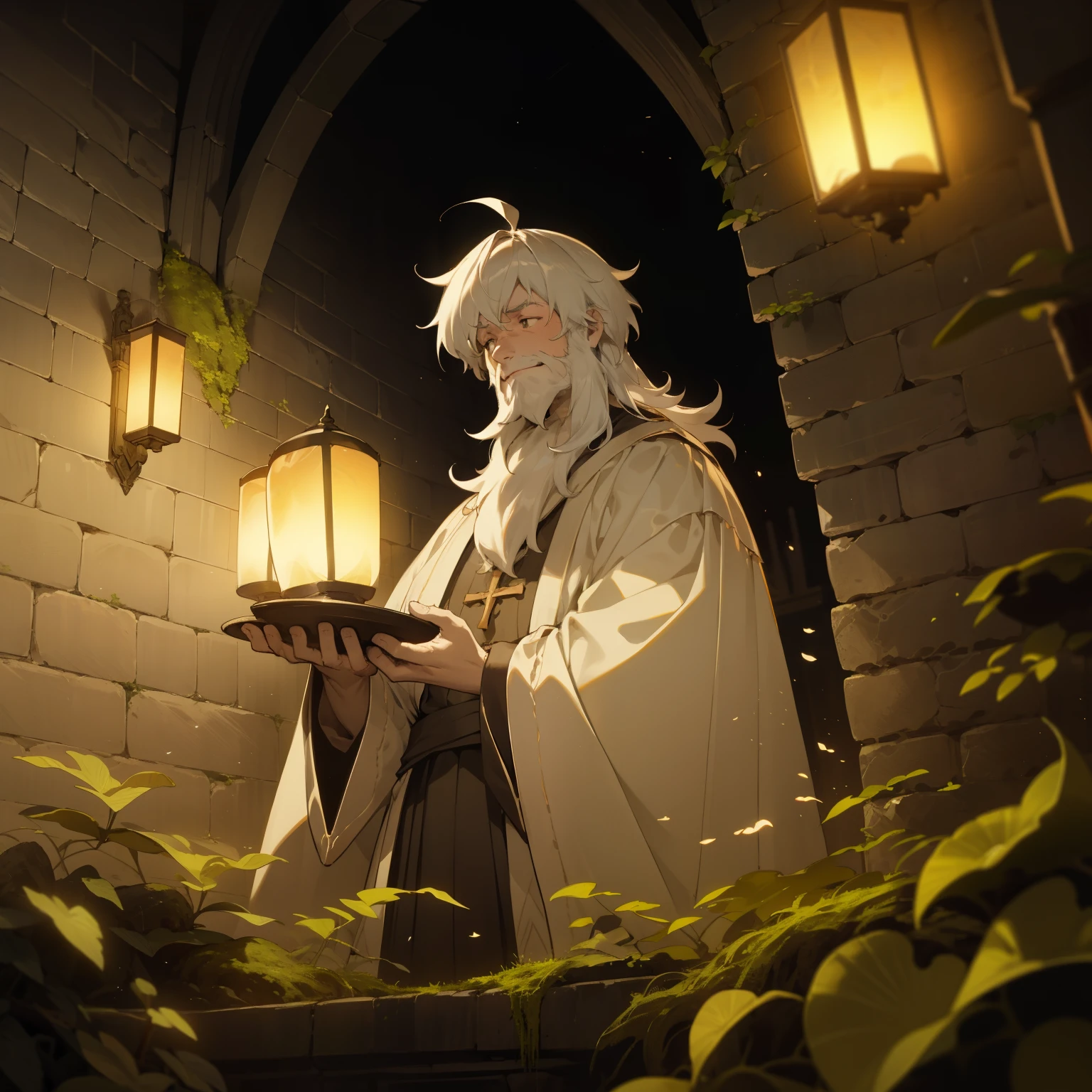 A pilgrim, heavily inebriated, slumps over with a worn-out scallop shell of St. James, "Une coquille Saint-Jacques," resting against his . His unkempt beard conceals a sly smile, eyes squinting as he clutches a nearly empty bottle. Swaying slightly, he leans against a moss-covered wall, the uneven bricks reflecting the warm, flickering light of flickering lanterns lining the cobblestone path. With each labored breath, he emits a low, contented sigh, his disheveled robes disheveled, telling tales of his arduous journey.