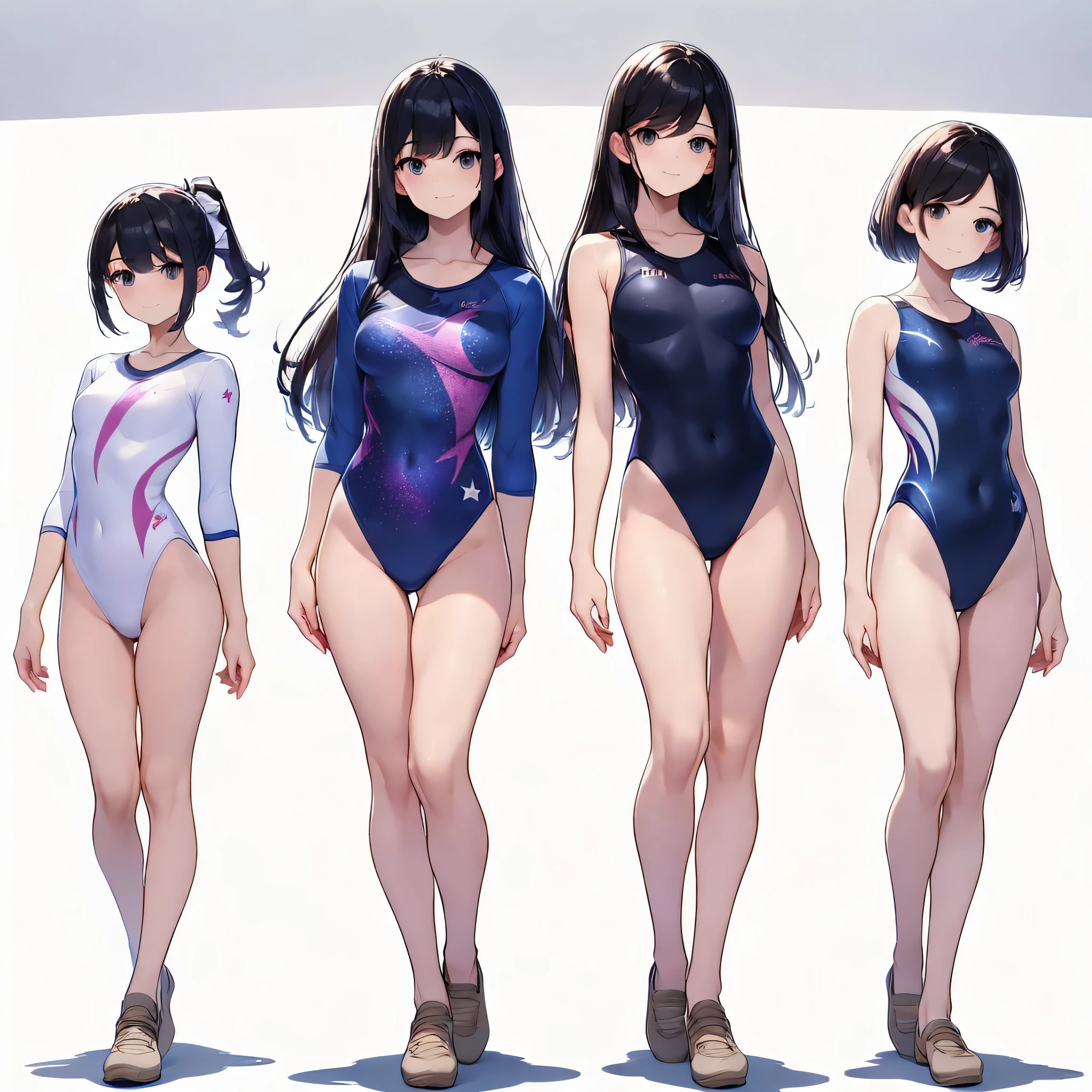 ((full body)),(masterpiece, best quality), (2 girls1.5) ,((Contrapposto:1.5)), looking at viewer, walking,((v_arms:1.2)), (wearing gymnastics_longsleeves_leotard_outfit leotard:1.3),(blue leotard) ,(galaxy print leotard:1.3),{{wearing gym suit:1.3 }}, BREAK masterpiece black hair, ((long hair:1.2)), ((parted bangs:1.3)), black eyes, good hand, ((small breasts)), (over 20 years old, under 25 years old:1.2), , spotlight, happy, smile, BREAK in the class room