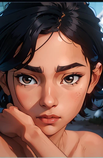 Risa, black haired japanese girl, (((asymetric short hair and wild wavy hair))), dark brown eyes, rounder face, charming, cute, (((down-turned button nose))), sitting ???? in mountain onsen, snowflakes falling around her, blue and white light shining down, ((small ???????)), cute, beautiful, realistic style, highly detailed, 4k, looking to right, body from the side, cross legged (((3/4 face view close-up))), ((golden ratio, center frame)), (((RISA))), ((????)), candle light reflecting of skin