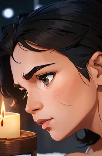 Risa, black haired japanese girl, (((asymetric short hair and wild wavy hair))), dark brown eyes, rounder face, charming, cute, (((down-turned button nose))), sitting nude in mountain onsen, snowflakes falling around her, blue and white light shining down, ((small breasts)), cute, beautiful, realistic style, highly detailed, 4k, looking to right, body from the side, cross legged (((focus on face))), showing legs, ((golden ratio, center frame)), (((RISA))), ((NUDE)), candle light reflecting of skin