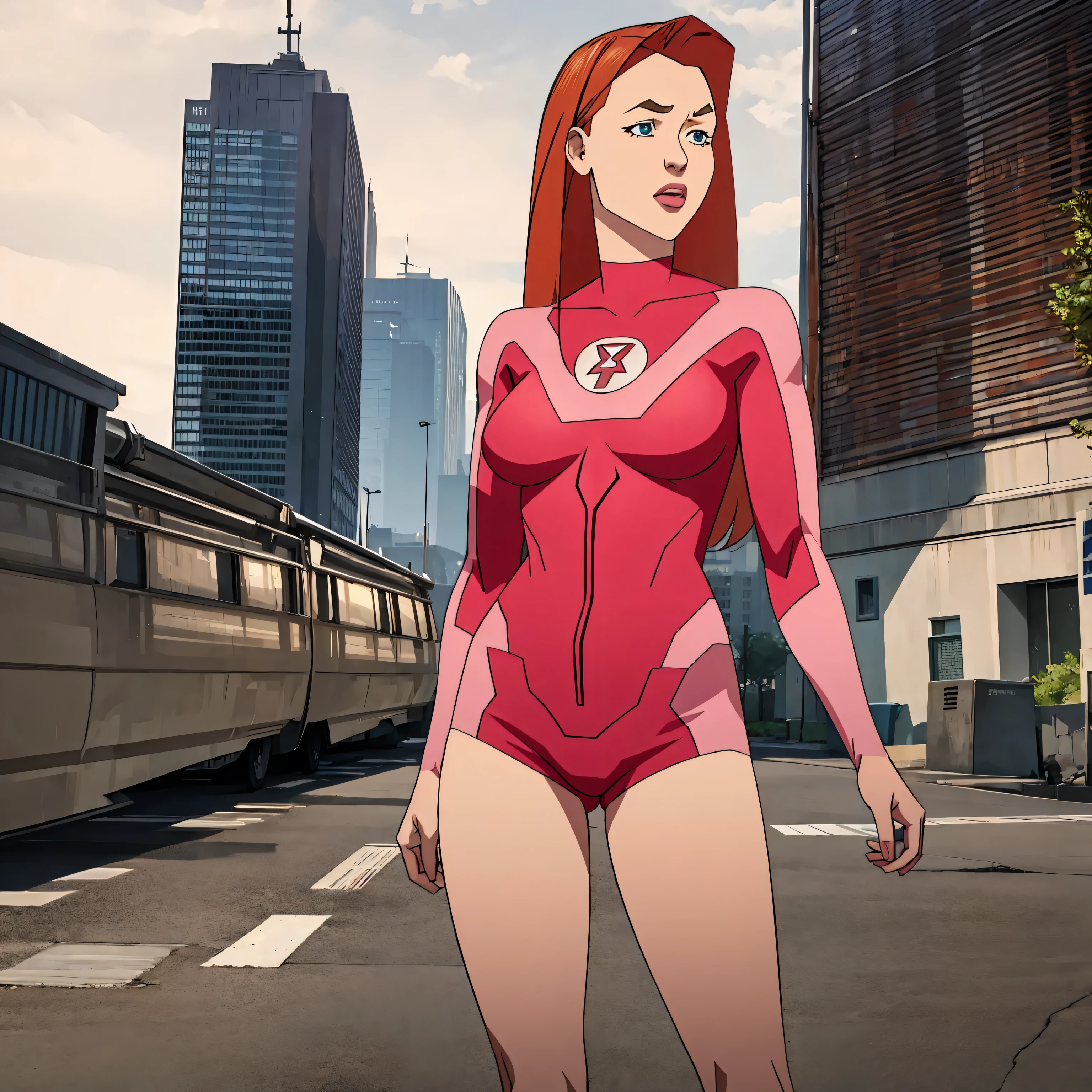 Masterpiece, stunning realistic, best quality, sharpness, 1 girl,Atom Eve,Invincible style,standing in a city,sexy body,middle large breasts