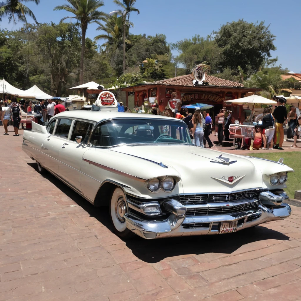 Retrato de um carro "1955 Cadilac Eldorado Limousine " todo enferrujado e sujo de lama, estilo hotrod, pneus largos e grandes, vidros escuros opaco, robusto, Estilo Madmax, stands on a platform in an outdoor exhibition, DIAGONAL CAMERA, in an outdoor exhibition with lots of girls in bikinis around, blue sky, realista, as realistic as possible, qualidade excepcional.