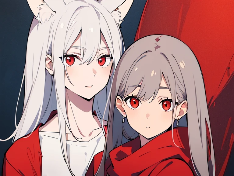 (best quality, highres, ultra-detailed:1.2), realistic, painting, detailed faces, couple, man Fox earl  pale skin, short white hair, red eyes, casual clothing, woman fox earl pale skin, long silver hair, red eyes, casual clothing, fox-like appearance