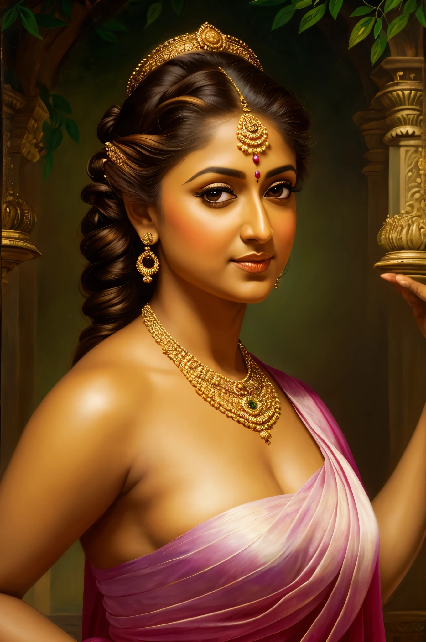 Looks like Nayanthara, exotic Indian art, oviyar maruthi style painting, Masterpiece, Beautiful Thick Woman, Best quality, high clarity eyes, critically flawless,sharp picture, Full portrait, High pixels, perfect face, perfect eyes, beautiful face, perfect hands,perfect fingers, in Peter Paul Rubens style, by Peter Paul Rubens, baroque style, acrylic on canvas, highly detailed, description: "Create a nymph inspired by the tales of Greek or Roman mythology, embodying the essence of a natural element or location, and possessing a unique ability or trait that sets her apart."
