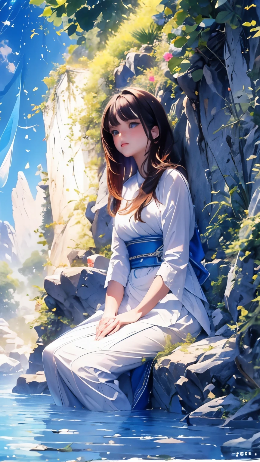 Masterpiece, above head shot, back facing, a young woman is seated on a rock looking down towards the vast ocean under the blue sky. Full of vibrant and colorful trees around.