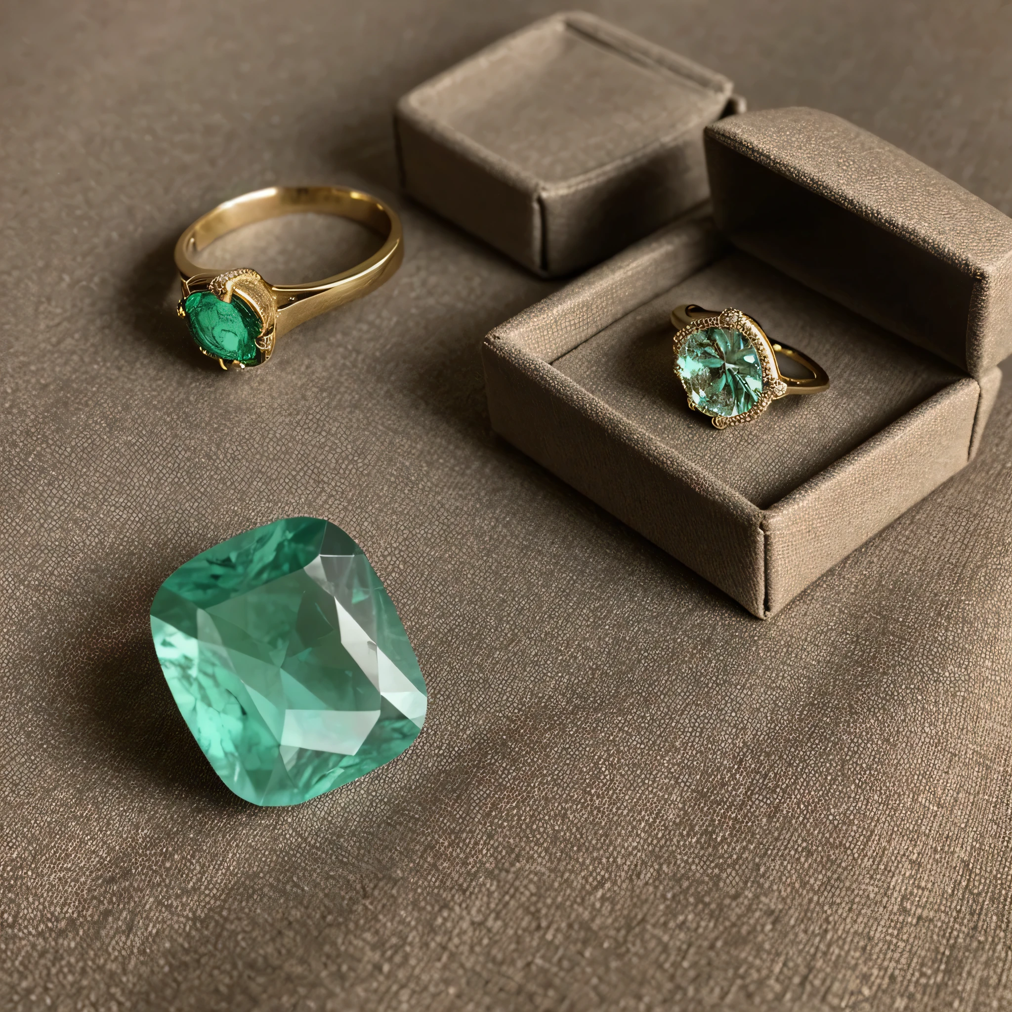 Linen coarse cloth background,Giant imperial green diamond ring,Custom gift blind box,Studio film professional light,32K quality,