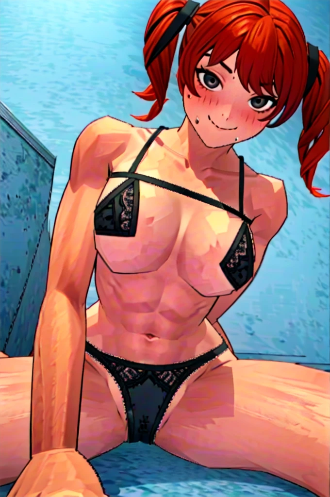 Twintail, red haired, 1girl, grey eyes, short, young, well toned, well built, muscled, toned muscles, red highlights, pigtails, beach, pink, black bikini, pov, sit, looks at the viewer, spread legs, blushing, sweating, (Jillin' off:1.2), stockings, (ahego:1.5) ,At school, frontal, purple short skirt, bag, smiling, abusive, super detailed, 4k, (black lingerie:1.5)