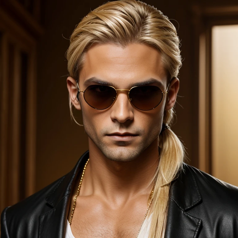 Vampire, male, tan skin, gold eyes, blonde hair, messy ponytail, sunglasses on head