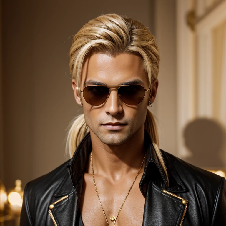 Vampire, male, tan skin, gold eyes, blonde hair, messy ponytail, sunglasses on head