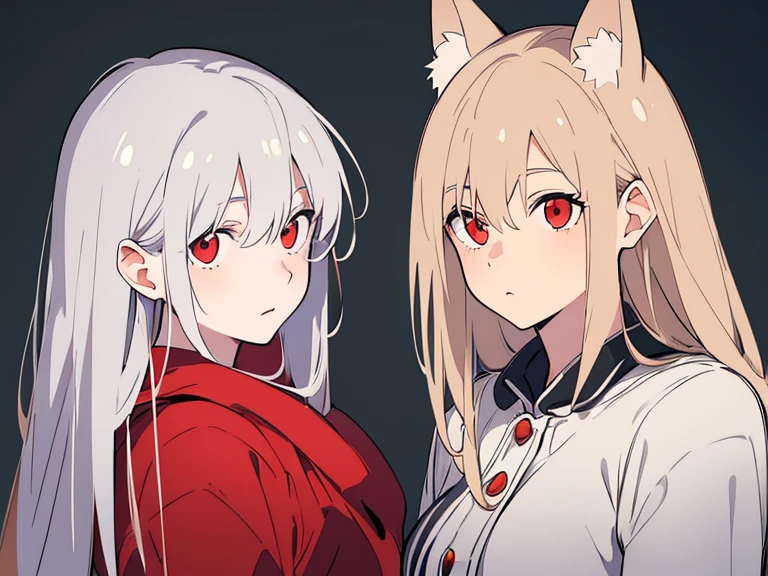 (best quality, highres, ultra-detailed:1.2), realistic, painting, detailed faces, couple, man Fox earl pale skin, short white hair, red eyes, casual clothing, woman fox earl pale skin, long silver hair, red eyes, casual clothing, fox-like appearance