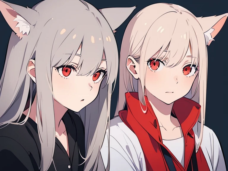 (best quality, highres, ultra-detailed:1.2), realistic, painting, detailed faces, couple, man Fox earl pale skin, short white hair, red eyes, casual clothing, woman fox earl pale skin, long silver hair, red eyes, casual clothing, fox-like appearance