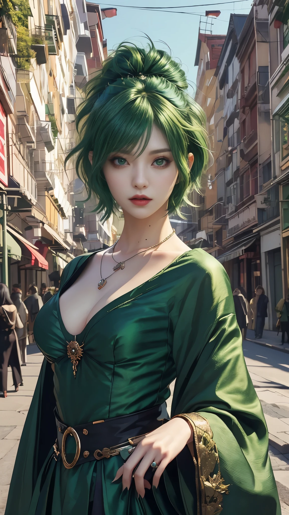 masterpiece, top-quality, ((1womanl)), different green color, finely eye and detailed face, intricate detailes, Casual black and green attire, window, A smile, Happiness, tenderness, high-level image quality、selfee, Beautuful Women、tall、a small face, D-cups, The upper part of the body、nightfall, nighttime scene、𝓡𝓸𝓶𝓪𝓷𝓽𝓲𝓬、Korea person, Idol Photos, Model photo, k pop, Professional Photos, Vampires, Korean fashion in black and green, Fedoman with necklace, inspired by Sim Sa-jeong, androgynous vampire, :9 detailed face: 8, extra detailed face, detailed punk hair, ((eyes are deialed)) baggy eyes, Seductive. Highly detailed, semi realistic anime, Vampires, hyperrealistic teen, Delicate androgynous princess, imvu, ((short hair woman)), green hair woman with wild look, ((Woman with short green hair)), ((1 persons)),