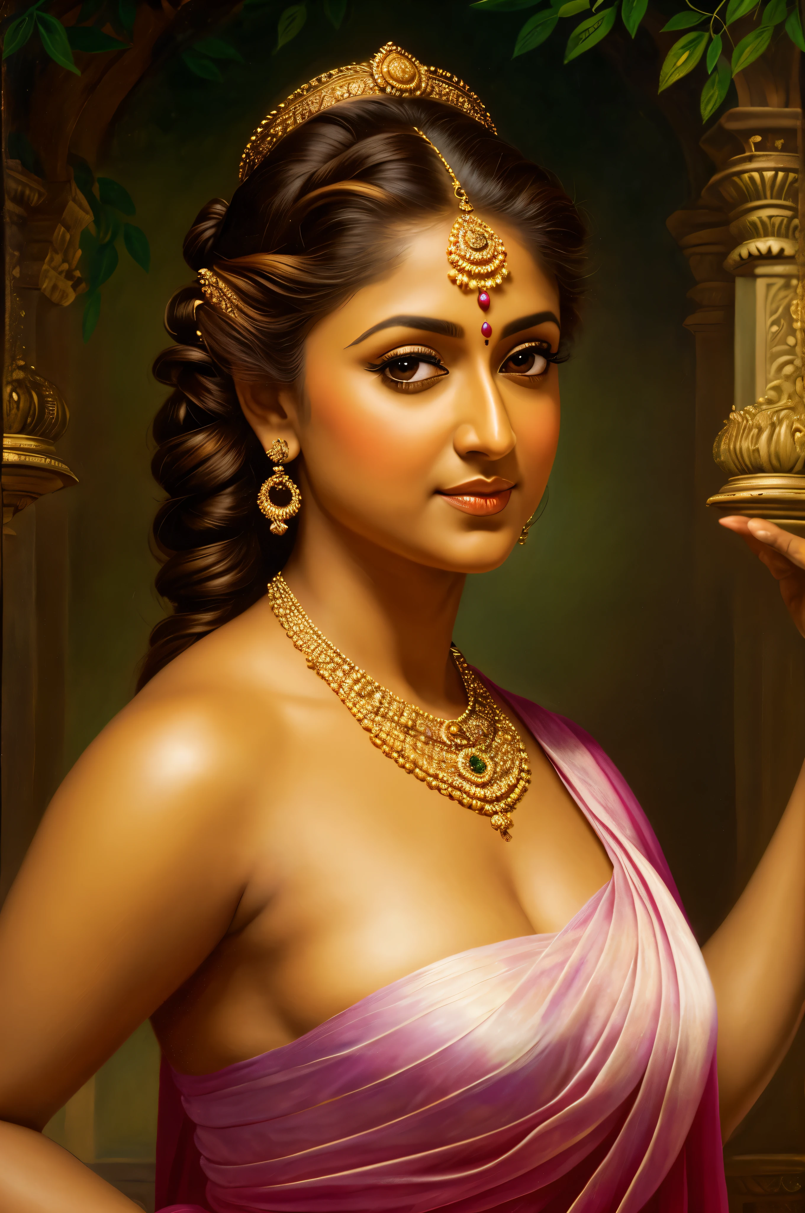 Looks like Nayanthara, exotic Indian art, oviyar maruthi style painting, Masterpiece, Beautiful Thick Woman, Best quality, high clarity eyes, critically flawless,sharp picture, Full portrait, High pixels, perfect face, perfect eyes, beautiful face, perfect hands,perfect fingers, in Peter Paul Rubens style, by Peter Paul Rubens, baroque style, acrylic on canvas, highly detailed, description: "Create a nymph inspired by the tales of Greek or Roman mythology, embodying the essence of a natural element or location, and possessing a unique ability or trait that sets her apart."