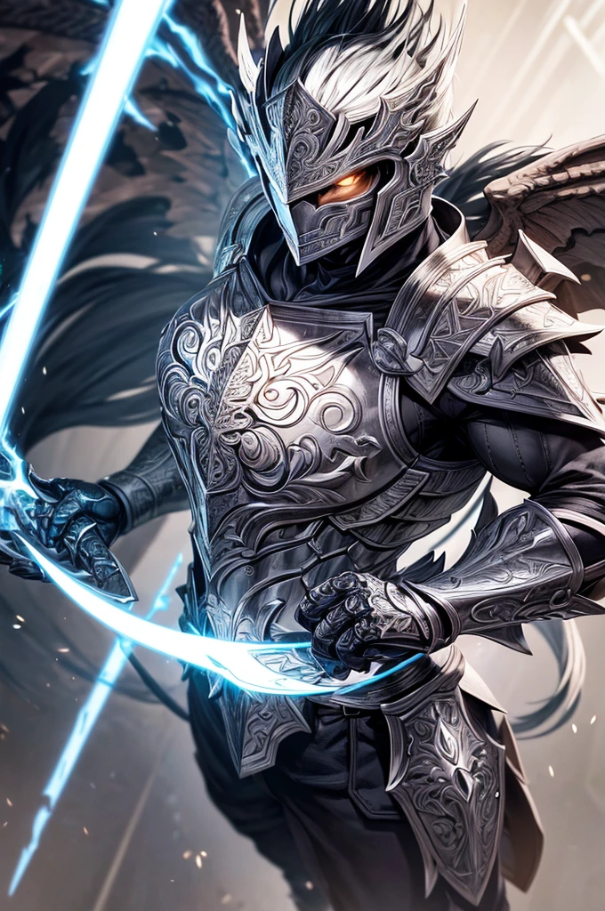 Imagine a majestic warrior adorned in a suit of sleek, silver plate armor. The armor is intricately designed, featuring engravings of mythical creatures and symbols. The helmet is adorned with noble wings on either side, giving the warrior an aura of divine grace. The face of the character is concealed, leaving only the gleaming visor visible, which adds an element of mystery. The armor is perfectly fitted, accentuating the character’s strong and muscular physique.

The warrior’s chest piece is decorated with a crest of a fierce dragon, symbolizing power and courage. The gauntlets are crafted with such attention to detail that they resemble the scales of a mythical creature, providing both protection and flexibility. The character’s greaves and boots are embellished with intricate patterns, giving an impression of agility and elegance.