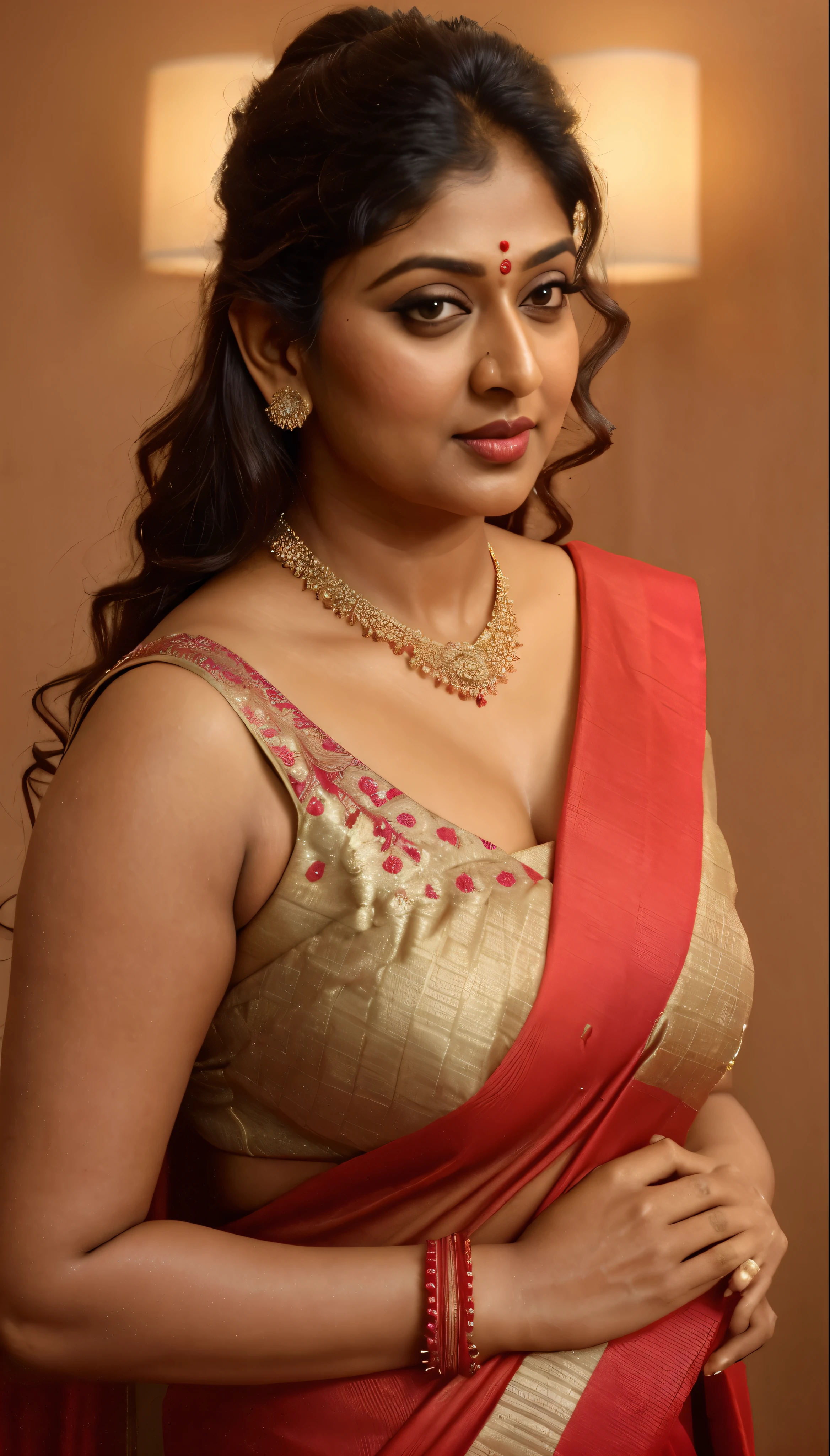 Wearing a sexy satin saree with strapless Bra, sexy Indian housewife, Looks like Indian Actress Nayanthara, actress Nayanthara, mallu, mallu aunty, desi aunty, full figured mature beauty,  sweaty skin , shining skin, sweat, attractive figure, 48 years old, spicy hot, desi milf, desi aunty, a close up of a woman in a red dress in a bedroom, inspired by Avigdor Arikha, sleek!!!, indian super model, wavy hair combed to one side, actress, by Jitish Kallat, smoldering, intense smoldering, fashion, an angel, print ready, with a dramatic looking, inspired by Sudip Roy, seductive look, sexy Saree queen, sexy Saree fashion, seductive Saree,  wear saree, sizzling hot Beauty, red juicy lips, detailed armpits, 