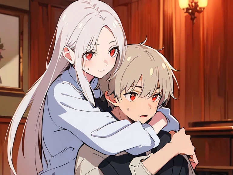 (best quality, highres, ultra-detailed:1.2), realistic, painting, detailed faces, couple, man Fox earl  pale skin, short white hair, red eyes, casual clothing, woman fox earl pale skin, long silver hair, red eyes, casual clothing, fox-like appearance boy hugs the girl from behind